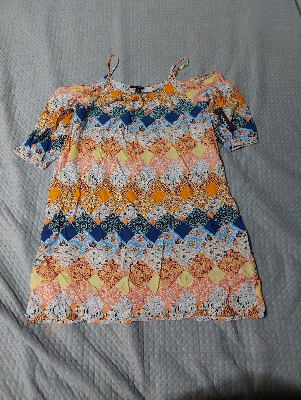 Espresso Yellow, Blue & Peach Floral Cold-Shoulder Dress